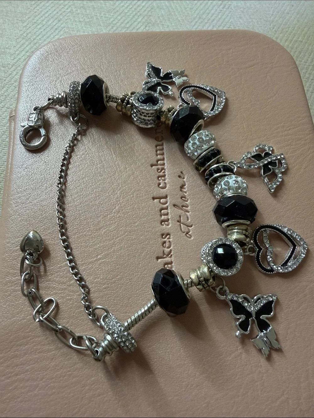 Stainless Silver-tone Black Bead Heart & Butterfly Charm Bracelet - Picture 8 of 10